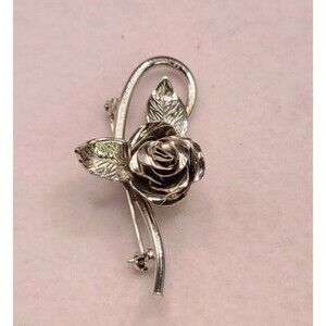 Silver Tone Single Rose Brooch/Pin 1.75" Long Vintage